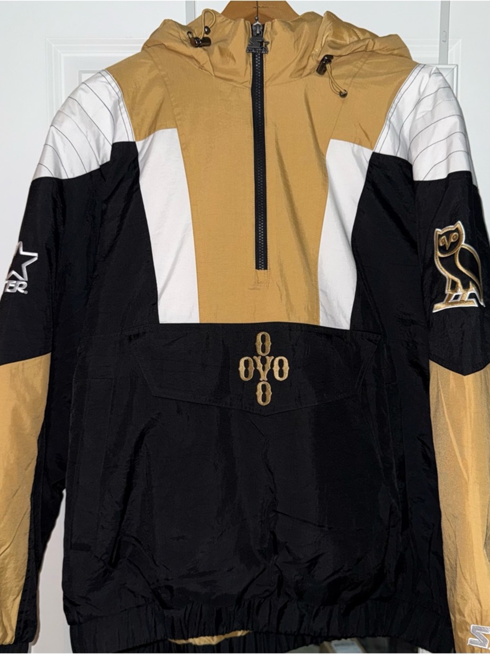 Octobers Very Own STARTER Black and Gold Hooded Windbreaker Jacket OVO